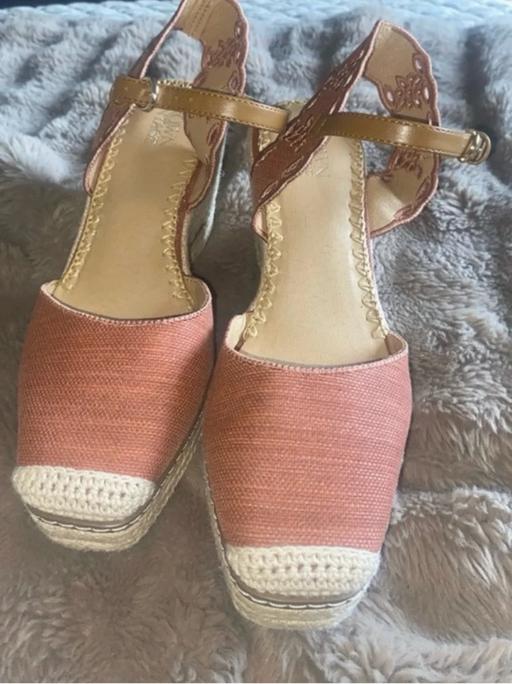 Crown Vintage Coral Pink Espadrille Wedge Sandals with Ankle Strap